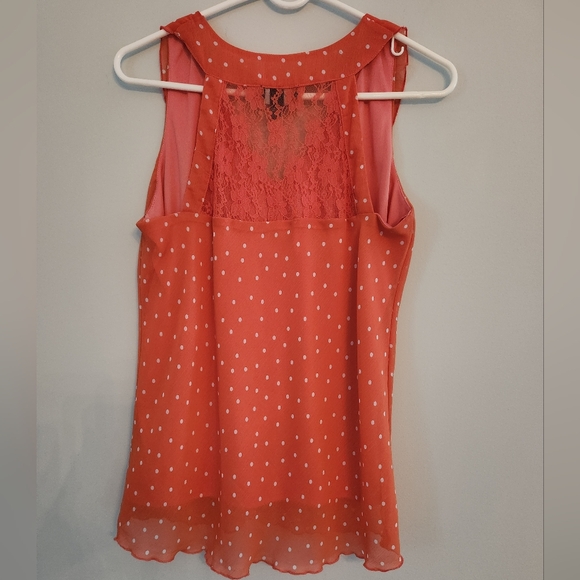 EUC IZ Byer Womens Orange and White Ruffle Blouse with Lace Razor Back.  Size L - Picture 5 of 5